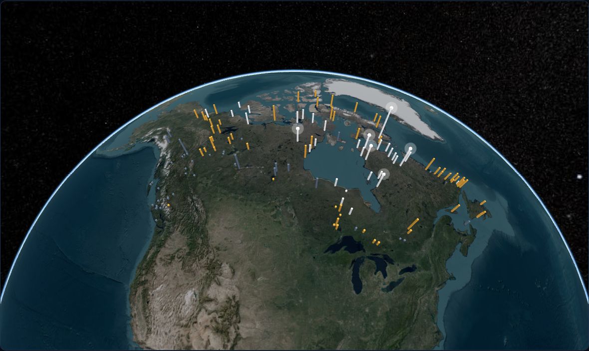 Globe of northern Canada with a bar for each diesel community; white bars mark where diesel fuel costs more than $0.30 per kWh